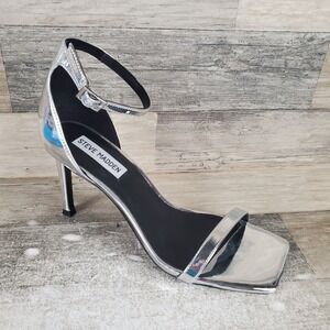 Steve Madden Piked Womens Sandals Sz 7.5 Silver Foil Ankle Strap Stiletto Heel